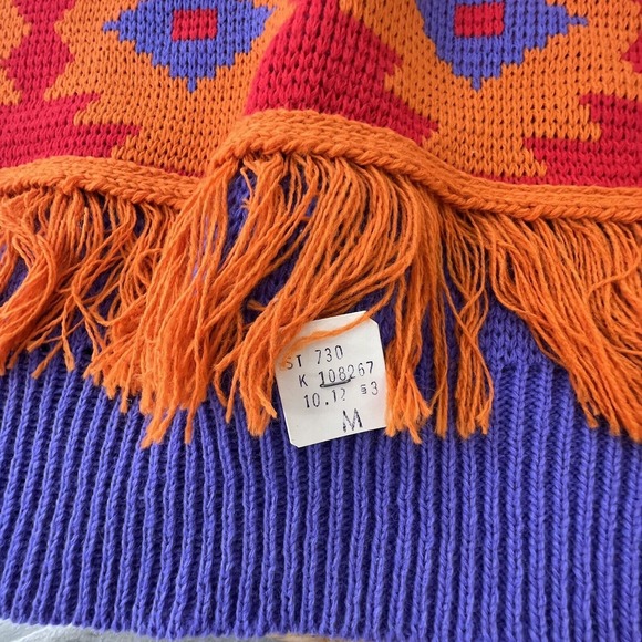 Rags Womens Sweater Vintage New 80s Knitwear Purple Orange Aztec Fringe Medium - Picture 10 of 10